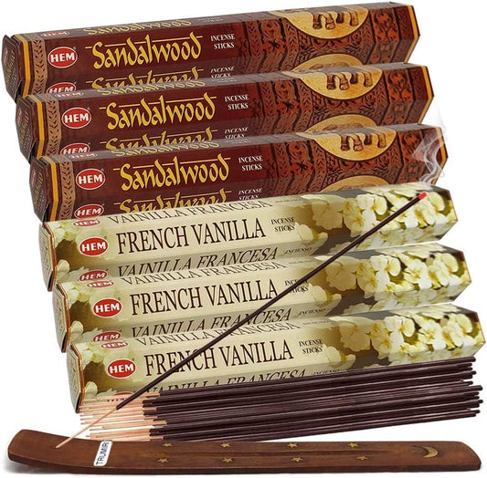 Sandalwood Incense Sticks and French Vanilla Incense Sticks with Incense Holder Bundle for Home Fragrance and Spiritual Décor