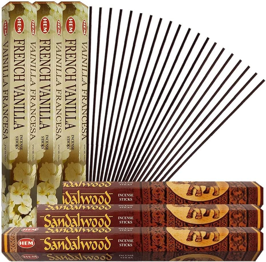 Sandalwood Incense Sticks and French Vanilla Incense Sticks with Incense Holder Bundle for Home Fragrance and Spiritual Décor